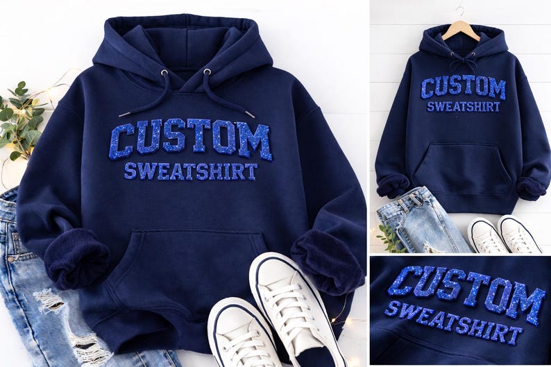 Custom Glitter 3D Puff Print Hoodie & Crewneck Sweatshirt, Personalized Varsity Two-Line Text Game Day Spirit Pullover