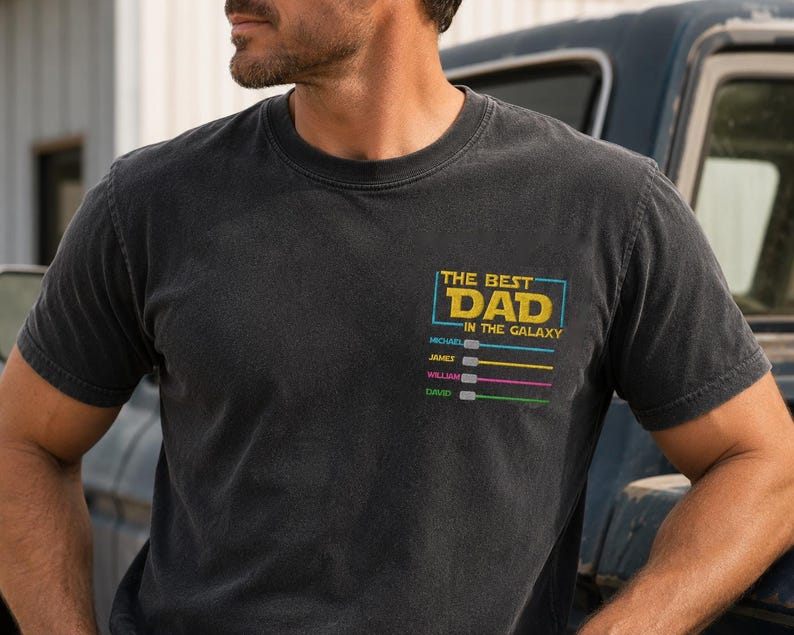 Custom Embroidered Star Wars Dad T-Shirt With Children's Names Lightsabers, Father's Day Gift
