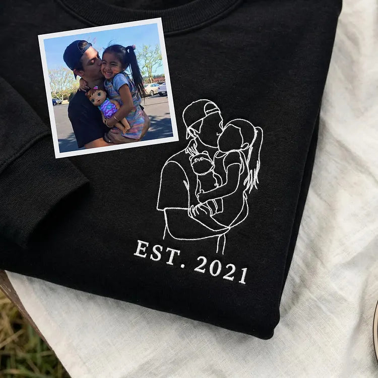 Custom Photo Turn Into Embroidery Dad Sweatshirt, Personalized Family Portrait Custom Gift for Dad Papa