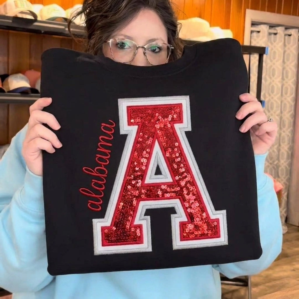 Custom Sequin Varsity Letter Sweatshirt Personalized College Football Game Day Embroidery Crewneck