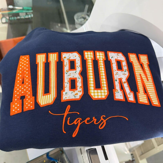 Custom Pattern Fabric Patch Letter Crewneck Sweatshirt, Embroidered Mascot School Team Game Day Pullover
