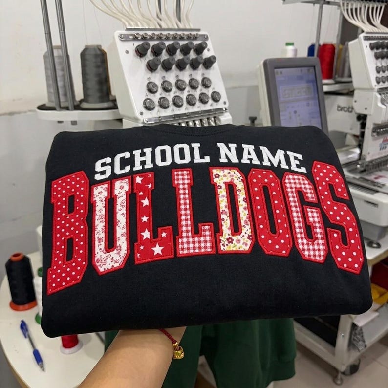 Custom Mixed Pattern Fabric Applique Patch Crewneck Sweatshirt, Embroidered School Name Mascot Game Day Spirit Pullover