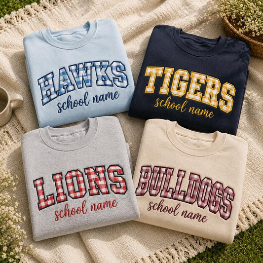Classic Gingham Check Fabric Applique Sweatshirt, Personalized Cursive School Name Embroidered Bleacher Top
