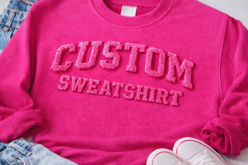 Custom Glitter 3D Puff Print Hoodie & Crewneck Sweatshirt, Personalized Varsity Two-Line Text Game Day Spirit Pullover