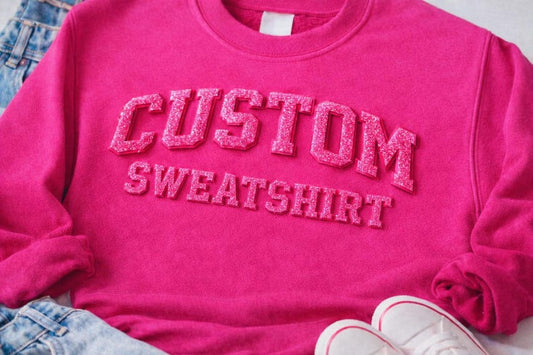 Custom Glitter 3D Puff Print Hoodie & Crewneck Sweatshirt, Personalized Varsity Two-Line Text Game Day Spirit Pullover