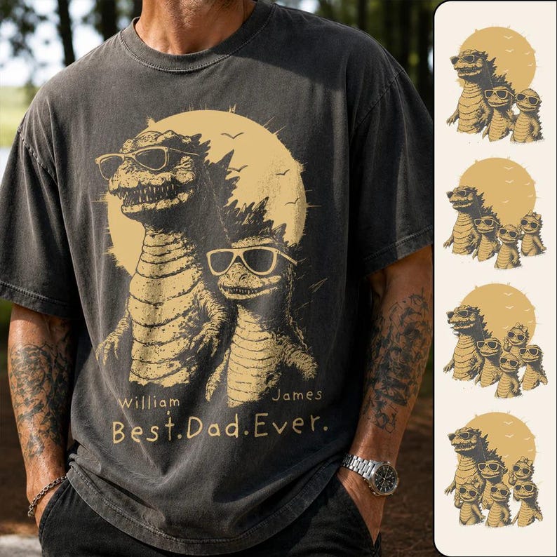 Personalized "Best Dad Ever" Godzilla Family Shirt - Custom Kid Names Retro Dinosaur Tee