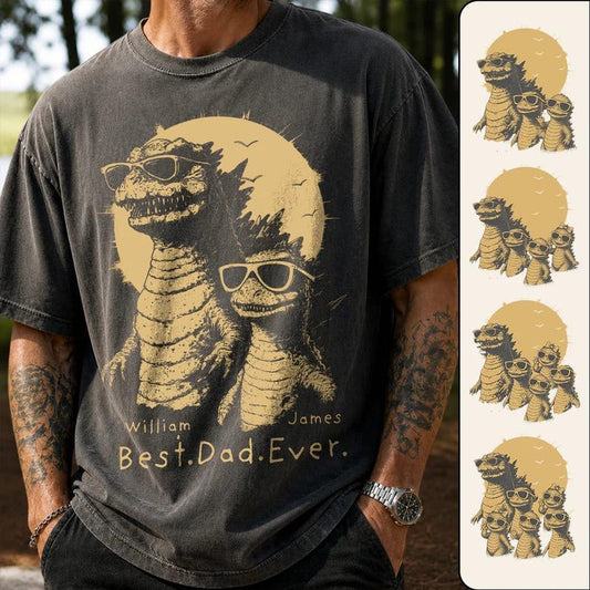 Personalized "Best Dad Ever" Godzilla Family Shirt - Custom Kid Names Retro Dinosaur Tee