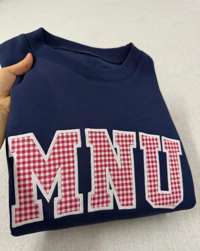 Custom Gingham Check Fabric Patch Varsity Sports Crewneck Sweatshirt