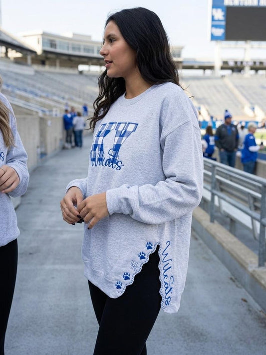 Custom Gingham Applique Side Slit Crewneck Sweatshirt, Personalized Mascot Paw Embroidery Game Day Pullover