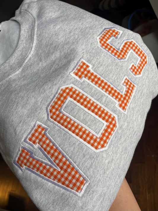 Custom Gingham Applique Sweatshirt Personalized Patchwork Game Day Crewneck for Women and Sports Fans