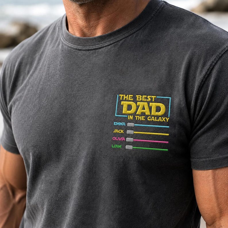 Custom Embroidered Star Wars Dad T-Shirt With Children's Names Lightsabers, Father's Day Gift
