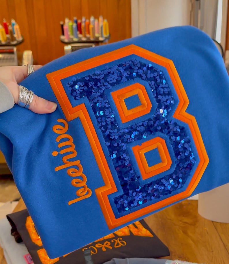 Custom Sequin Patch Varsity Letter Sweatshirt With Custom Side Embroidery