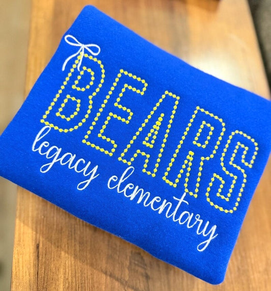 Dotted Outline Stitch Mascot Sweatshirt, Custom Cursive School Name Bow Embroidery Spirit Wear