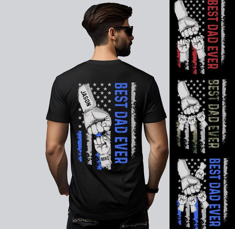 Custom Name Fist Bump Best Dad Ever Shirt, Vintage Distressed US Flag Personalized Dad Gift Tshirt