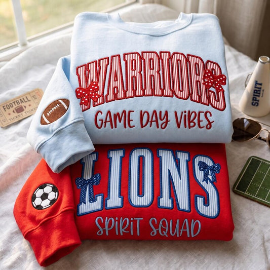 Custom Striped Varsity Applique Sweatshirt, Personalized Embroidered Team Mascot Game Day Top