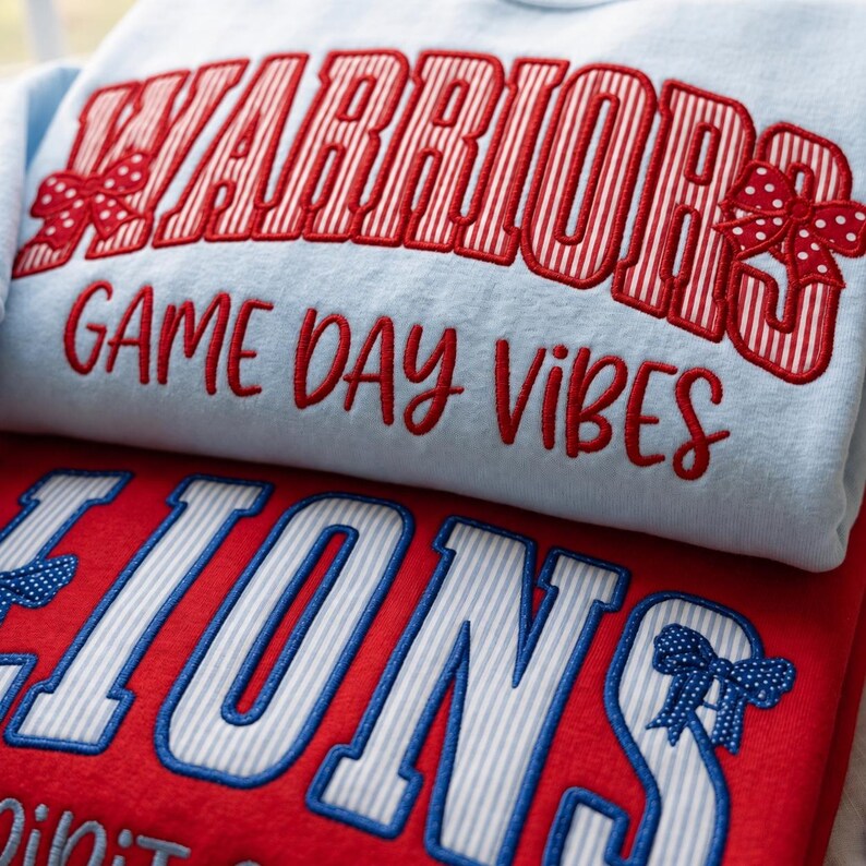 Custom Striped Varsity Applique Sweatshirt, Personalized Embroidered Team Mascot Game Day Top