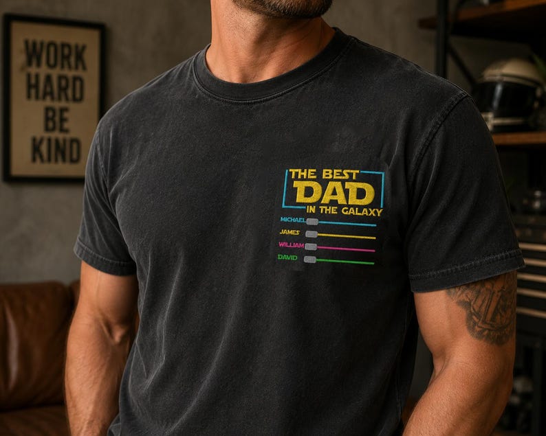 Custom Embroidered Star Wars Dad T-Shirt With Children's Names Lightsabers, Father's Day Gift
