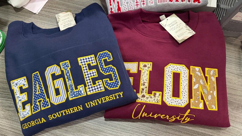 Custom Pattern Fabric Patch Letter Crewneck Sweatshirt, Embroidered Mascot School Team Game Day Pullover