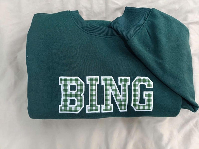 Custom Gingham Check Fabric Patch Varsity Sports Crewneck Sweatshirt