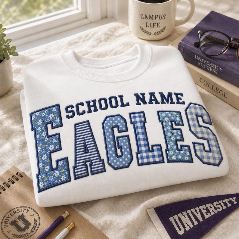 Custom Mixed Pattern Fabric Applique Patch Crewneck Sweatshirt, Embroidered School Name Mascot Game Day Spirit Pullover