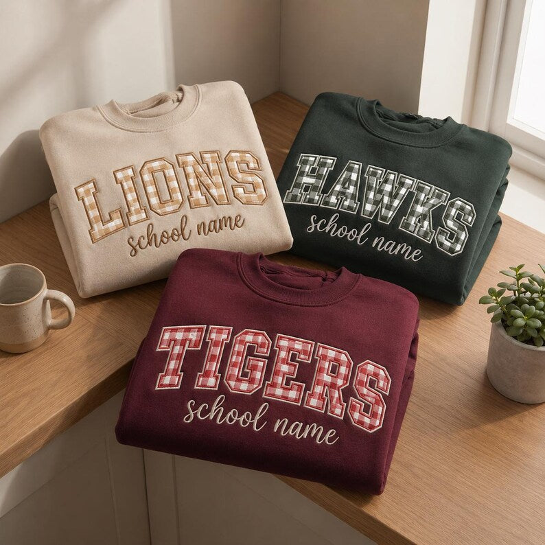 Classic Gingham Check Fabric Applique Sweatshirt, Personalized Cursive School Name Embroidered Bleacher Top