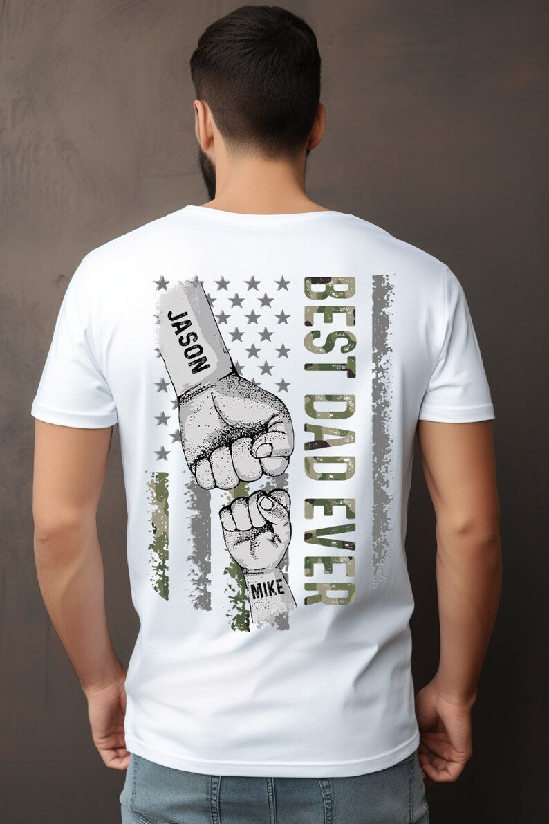 Custom Name Fist Bump Best Dad Ever Shirt, Vintage Distressed US Flag Personalized Dad Gift Tshirt