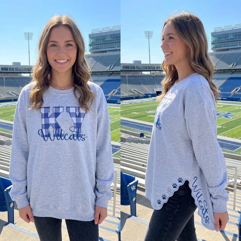 Custom Gingham Applique Side Slit Crewneck Sweatshirt, Personalized Mascot Paw Embroidery Game Day Pullover