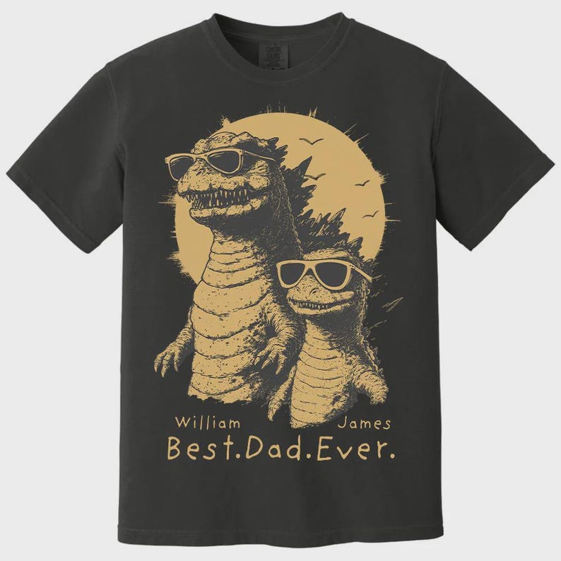 Personalized "Best Dad Ever" Godzilla Family Shirt - Custom Kid Names Retro Dinosaur Tee
