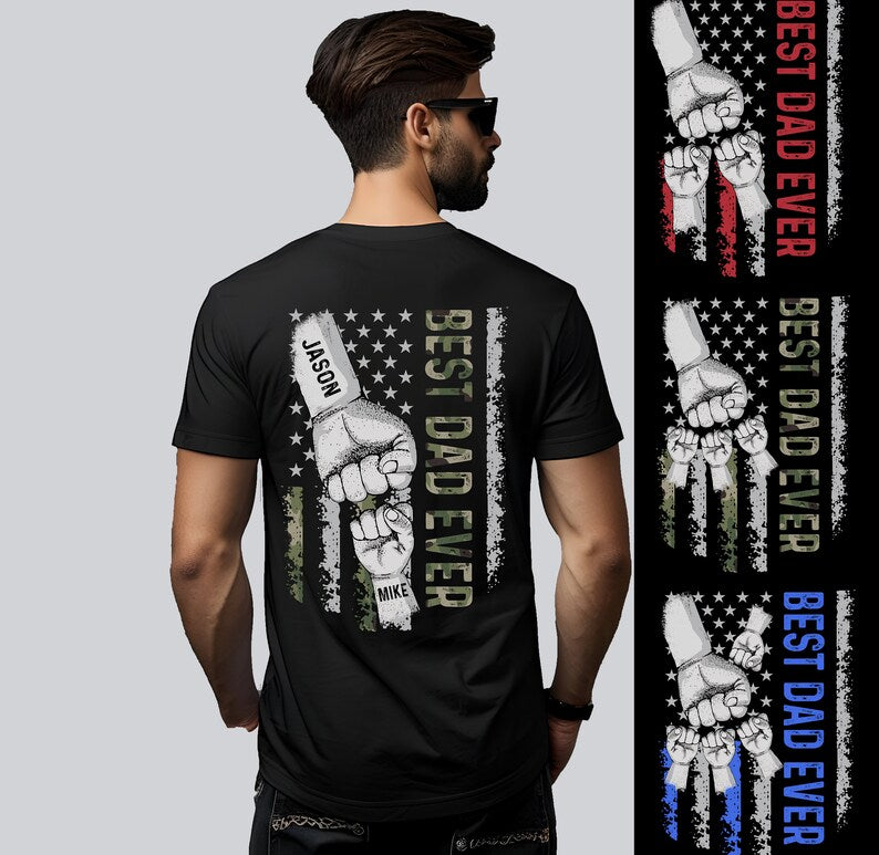 Custom Name Fist Bump Best Dad Ever Shirt, Vintage Distressed US Flag Personalized Dad Gift Tshirt