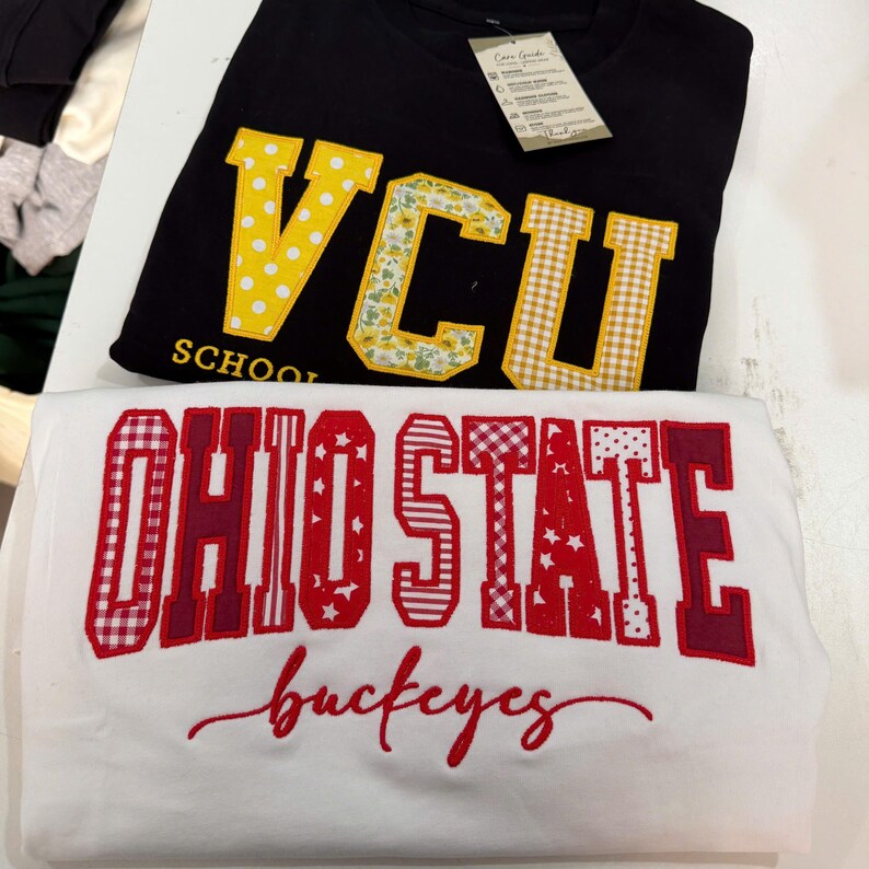 Custom Pattern Fabric Patch Letter Crewneck Sweatshirt, Embroidered Mascot School Team Game Day Pullover