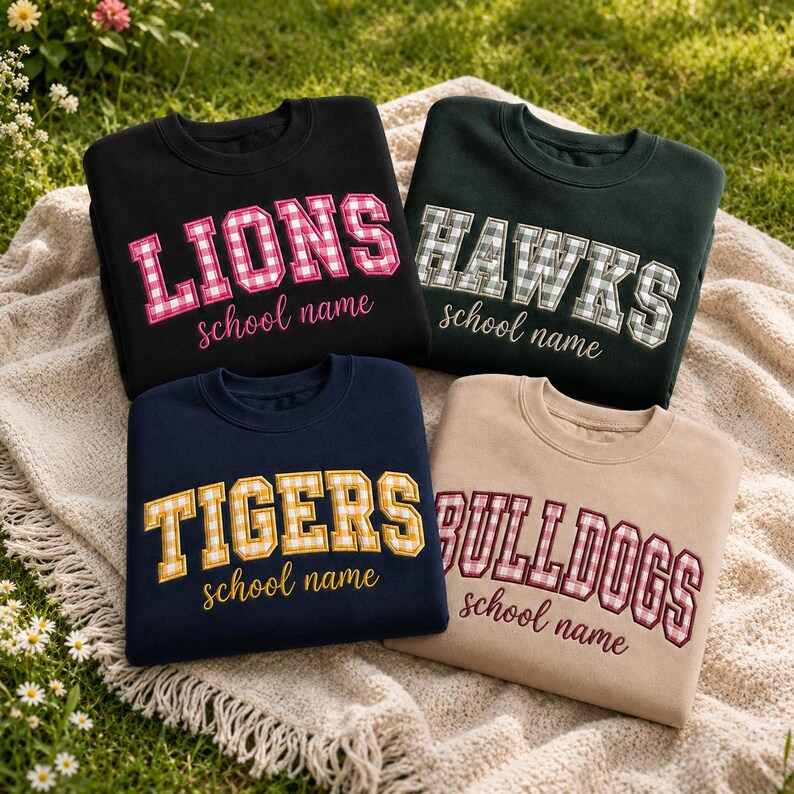 Classic Gingham Check Fabric Applique Sweatshirt, Personalized Cursive School Name Embroidered Bleacher Top