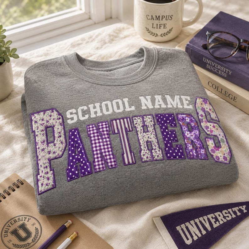 Custom Mixed Pattern Fabric Applique Patch Crewneck Sweatshirt, Embroidered School Name Mascot Game Day Spirit Pullover