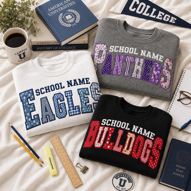 Custom Mixed Pattern Fabric Applique Patch Crewneck Sweatshirt, Embroidered School Name Mascot Game Day Spirit Pullover