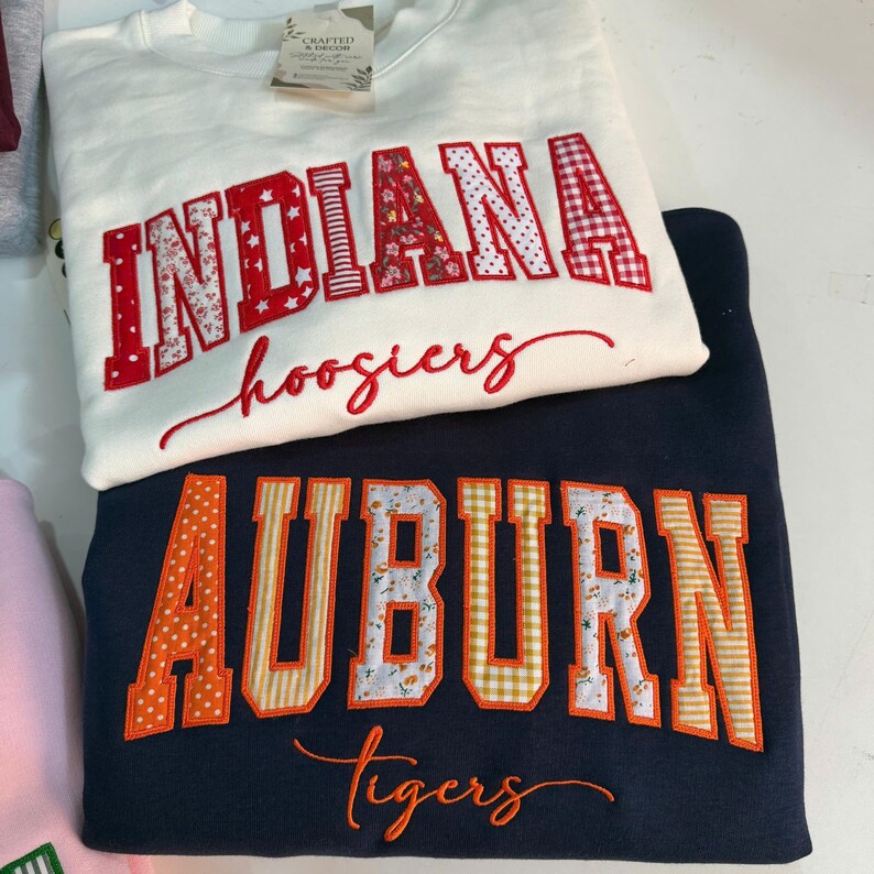 Custom Pattern Fabric Patch Letter Crewneck Sweatshirt, Embroidered Mascot School Team Game Day Pullover