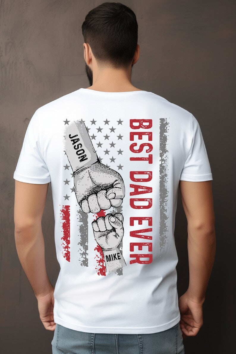 Custom Name Fist Bump Best Dad Ever Shirt, Vintage Distressed US Flag Personalized Dad Gift Tshirt