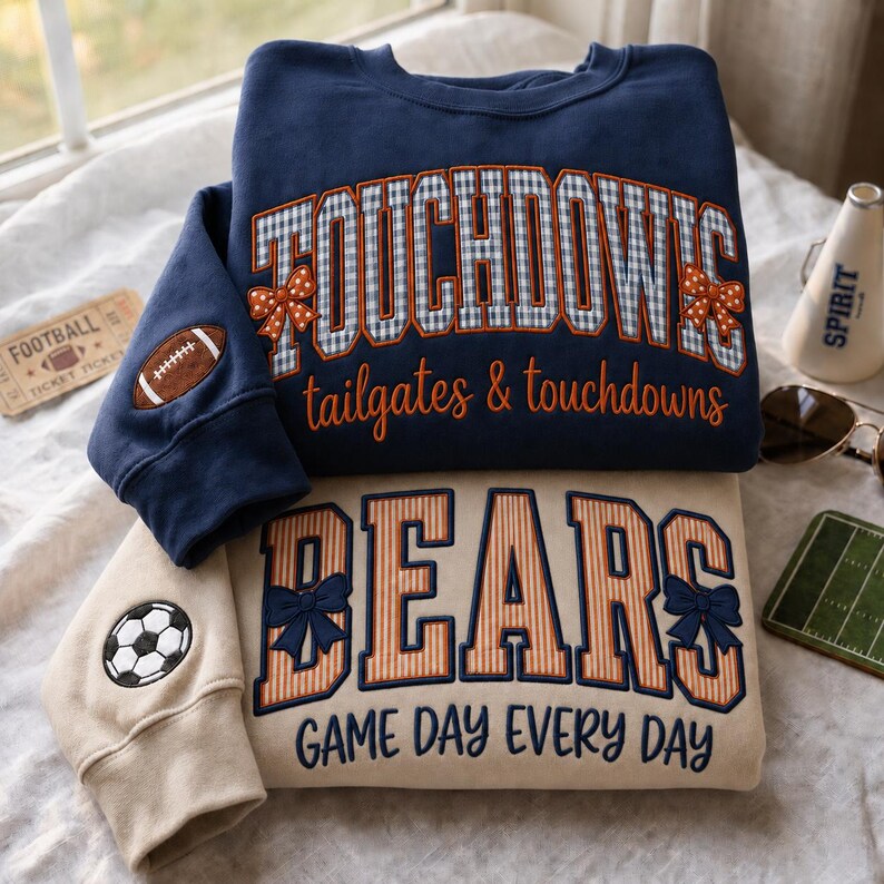 Custom Striped Varsity Applique Sweatshirt, Personalized Embroidered Team Mascot Game Day Top