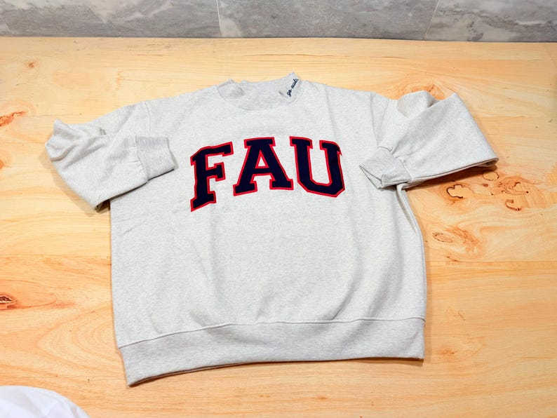 Custom Varsity Letter Applique Crewneck Sweatshirt, Personalized Neck Script University Game Day Pullover