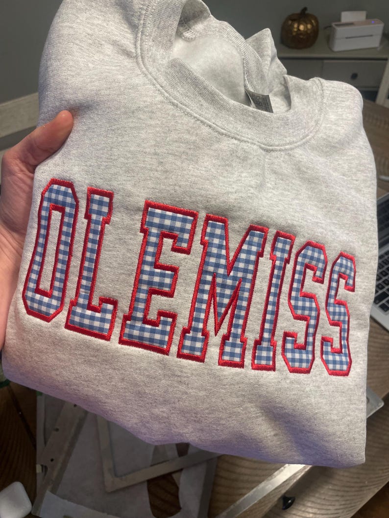 Custom Gingham Applique Sweatshirt Personalized Patchwork Game Day Crewneck for Women and Sports Fans