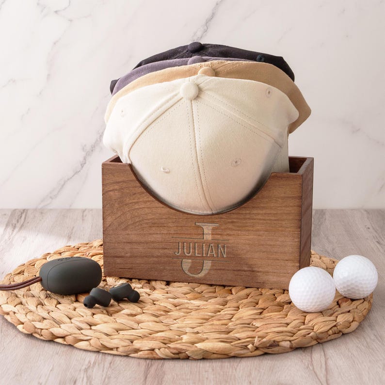 Custom Engraved Wooden Hat Organizer - Personalized Cap Storage Box for Dad