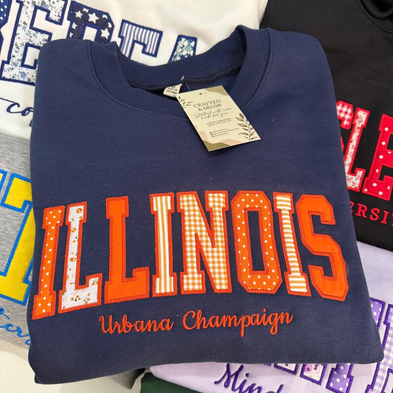 Custom Pattern Fabric Patch Letter Crewneck Sweatshirt, Embroidered Mascot School Team Game Day Pullover