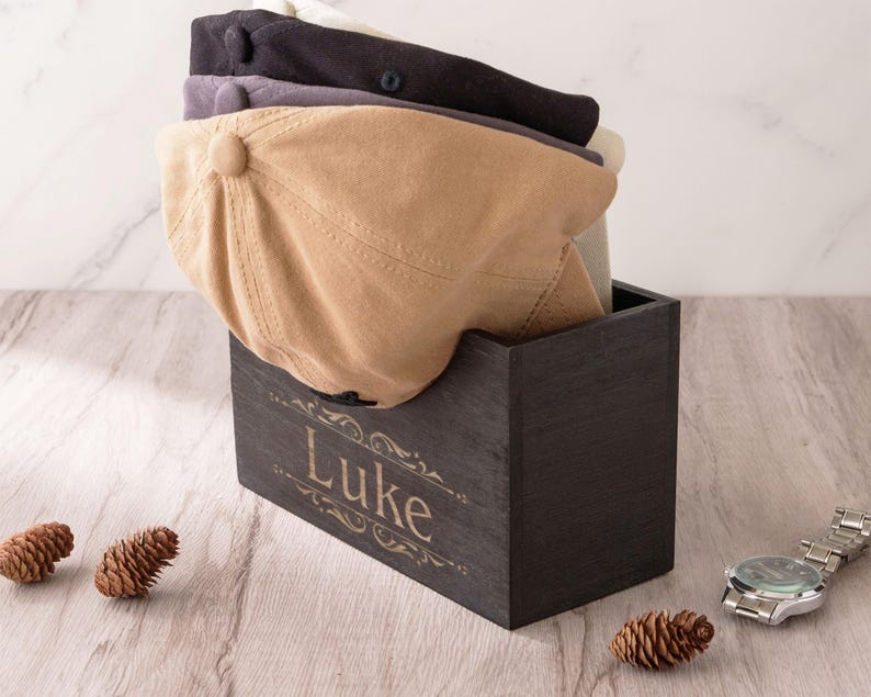 Custom Engraved Wooden Hat Organizer - Personalized Cap Storage Box for Dad