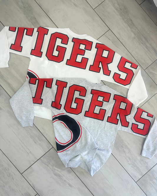 Custom Back Print Varsity Crewneck Sweatshirt, Personalized Team Name Mascot Game Day Spirit Pullover