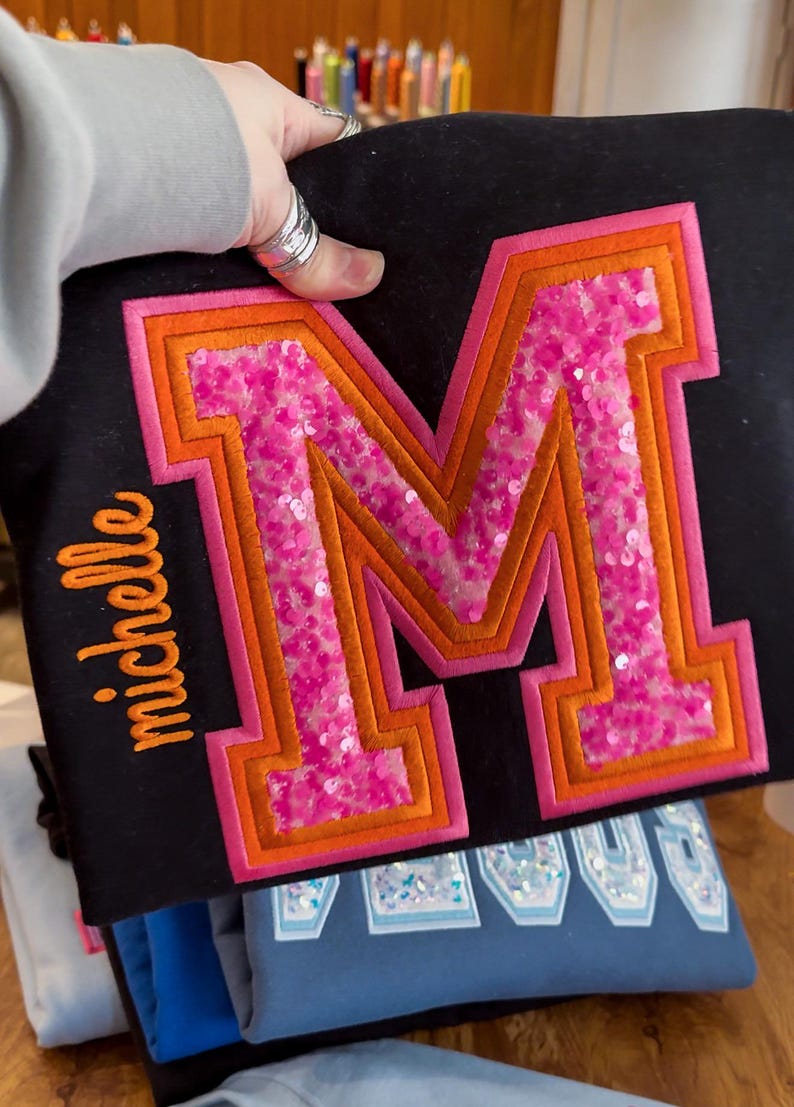 Custom Sequin Patch Varsity Letter Sweatshirt With Custom Side Embroidery