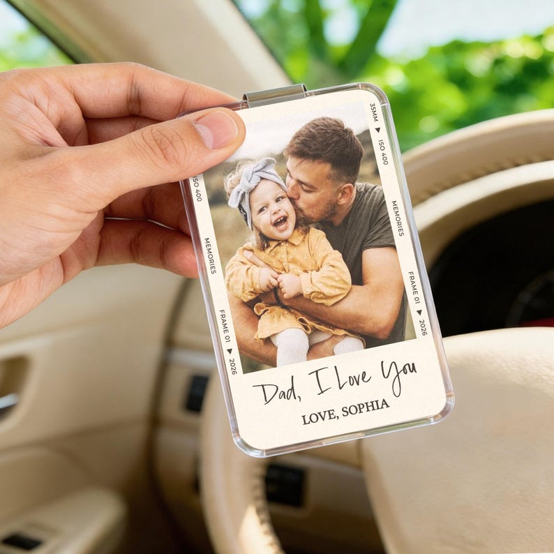 Custom Photo Car Visor Holder, Personalized "Drive Safe" Keepsake for Dad