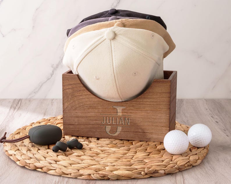Custom Engraved Wooden Hat Organizer - Personalized Cap Storage Box for Dad