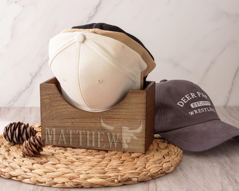 Custom Engraved Wooden Hat Organizer - Personalized Cap Storage Box for Dad