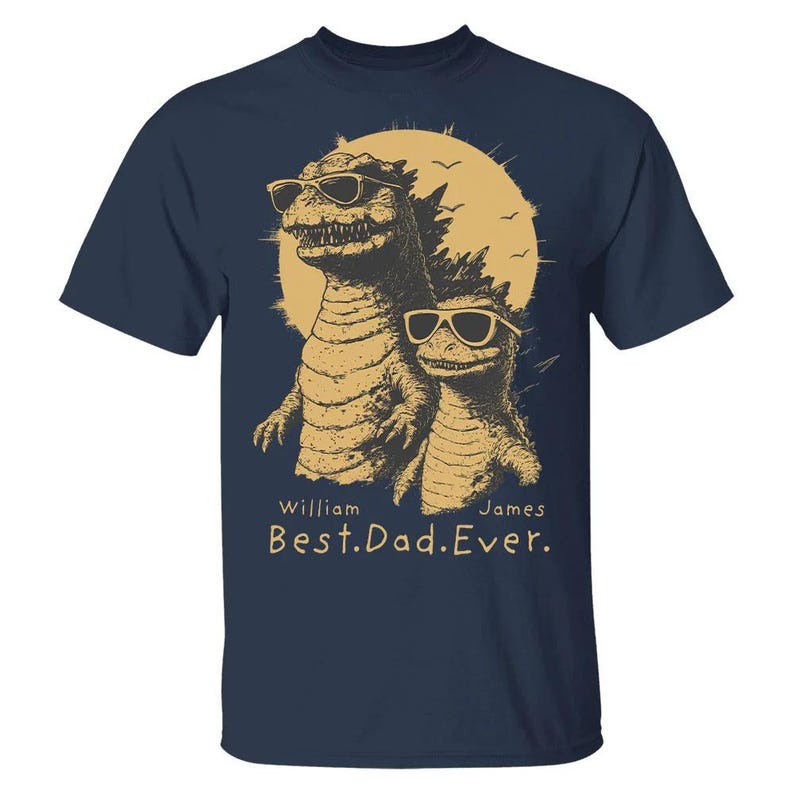 Personalized "Best Dad Ever" Godzilla Family Shirt - Custom Kid Names Retro Dinosaur Tee