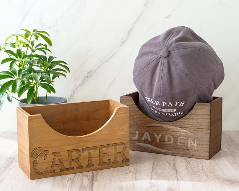 Custom Engraved Wooden Hat Organizer - Personalized Cap Storage Box for Dad