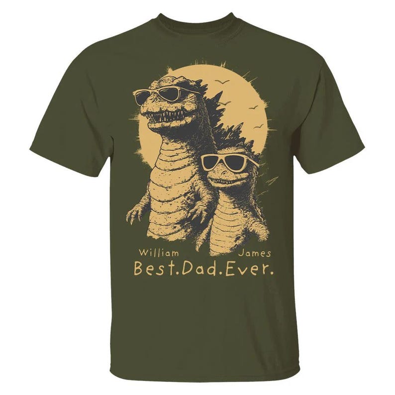 Personalized "Best Dad Ever" Godzilla Family Shirt - Custom Kid Names Retro Dinosaur Tee