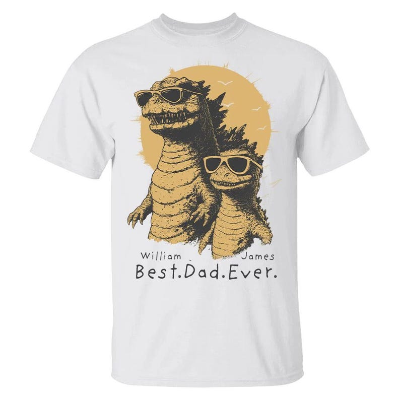 Personalized "Best Dad Ever" Godzilla Family Shirt - Custom Kid Names Retro Dinosaur Tee